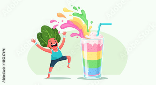 Vibrant Smoothie Splash With Excited Character And Colorful Layered Drink Illustration