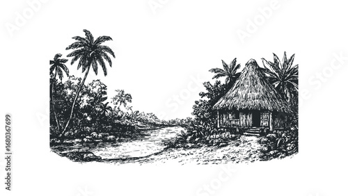 Sketch of a hut with thatched roof surrounded by palm trees and vegetation along a tranquil river. Vector hand drawn illustration