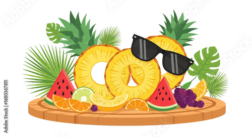 Vibrant Tropical Fruit Arrangement With Sunglasses for Summer Relaxation And Pleasure