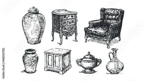 Sketch of vintage furniture and ceramic vases on a transparent background. Vector hand drawn illustration