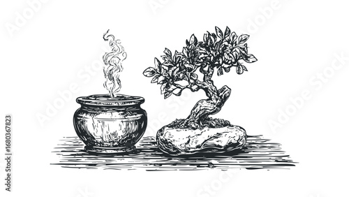 Sketch of a small bonsai tree and a steaming pot on a surface. Vector hand drawn illustration