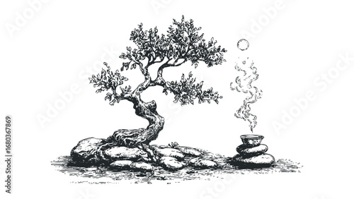 Detailed ink sketch of a small, twisted bonsai tree with rocks and a steaming cup on stacked stones. Vector hand drawn illustration