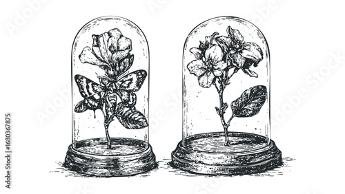 Vintage botanical specimen display featuring moth and flowers under glass domes. Vector hand drawn illustration