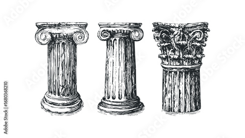 Collection of Antique Architectural Column Capitals and Shafts. Vector hand drawn illustration