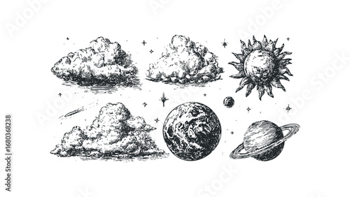 Sketchy Celestial Objects and Stormy Clouds. Vector hand drawn illustration