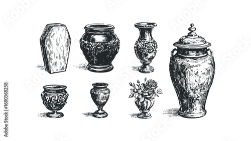 Vintage Ornate Vessels and Floral Arrangement on Transparent Background. Vector hand drawn illustration