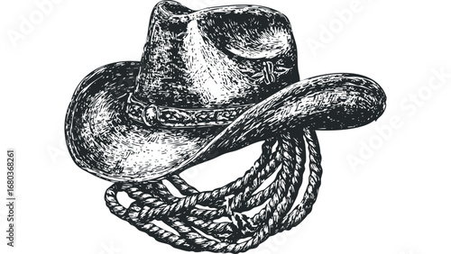 Woodcut Style Cowboy Hat with Tied Lasso Rope. Vector hand drawn illustration
