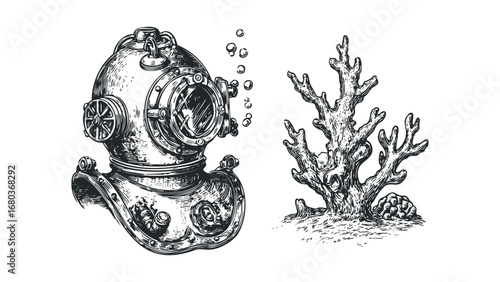 Antique diving helmet with bubbles and coral. Vector hand drawn illustration