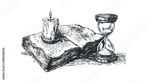 Vintage still life drawing of burning candle on open book and hourglass. Vector hand drawn illustration