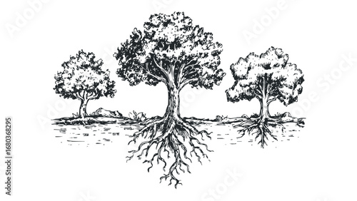 Three trees with exposed roots rendered in sketch style on a white background. Vector hand drawn illustration