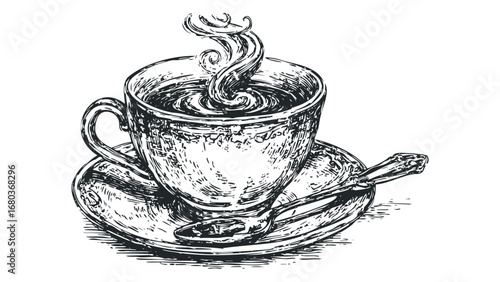 Steaming Cup of Coffee with Spoon on Saucer Hand Drawn Sketch. Vector hand drawn illustration
