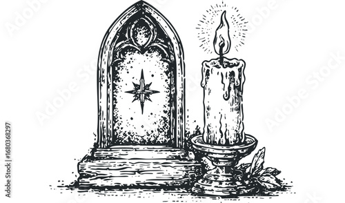 Gothic Tombstone With Burning Candle. Vector hand drawn illustration