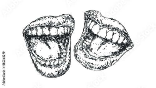 Vintage Mouth with Open Lips and Visible Teeth. Vector hand drawn illustration