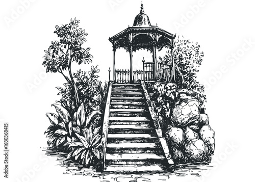 Sketch of ornate gazebo on stone steps surrounded by foliage. Vector hand drawn illustration