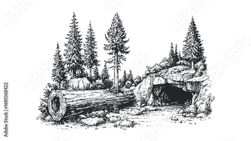 Forest cave entrance with fallen log and pine trees detailed sketch. Vector hand drawn illustration