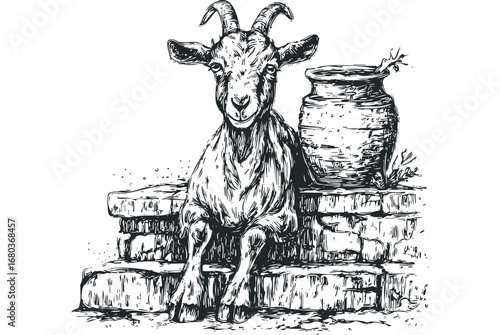 Pensive Goat Sitting on Stone Steps Next to a Clay Pot. Vector hand drawn illustration
