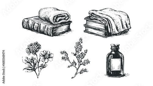 Vintage sketch of a rolled towel on a book, botanical elements, and a small glass bottle. Vector hand drawn illustration