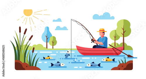 Angler in a flat vector illustration enjoying the day fishing on the lake surrounded by fish under a bright sunny sky creating a peaceful natural