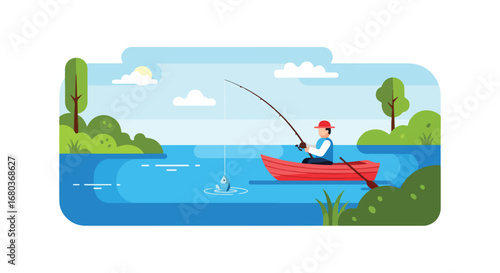 Serene waterscape showcasing a fisherman in a small boat enjoying a peaceful day of fishing surrounded by lush greenery