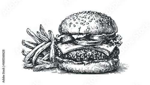 Sketch of a classic cheeseburger with a side of french fries. Vector hand drawn illustration