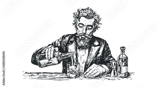 Man pouring beverage into glass with ice cubes on transparent background. Vector hand drawn illustration