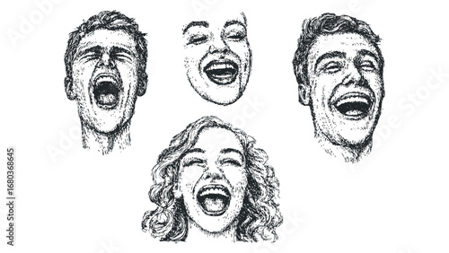 Four expressive faces in a sketchy, ink-style drawing, each with wide-open mouths, conveying laughter and joy.. Vector hand drawn illustration
