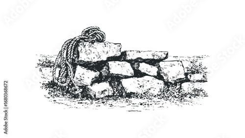 Roughly Hewn Stone Wall with Coiled Rope and Ground Cover. Vector hand drawn illustration