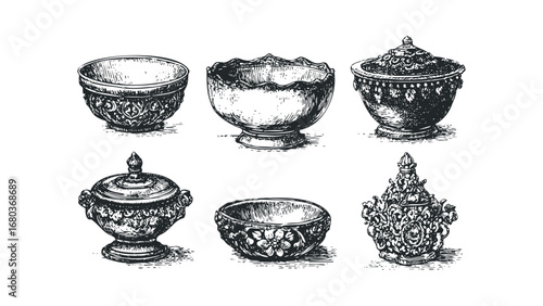 Ornate metal bowls and covered urns on transparent background. Vector hand drawn illustration