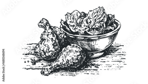 Sketch of two fried chicken drumsticks and a bowl of lettuce. Vector hand drawn illustration