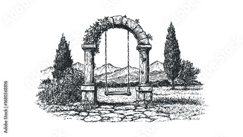 Stone Archway With Ivy and Swing in a Lush Garden Scene. Vector hand drawn illustration