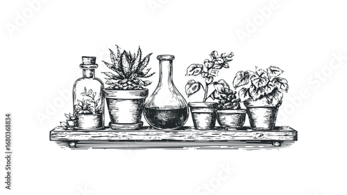 Sketch of various potted plants and bottles on a wooden shelf. Vector hand drawn illustration