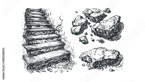 Wooden staircase next to rubble and stones, vintage sketch. Vector hand drawn illustration