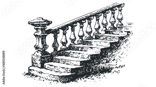 Old stone staircase with ornate balustrade and railing. Vector hand drawn illustration