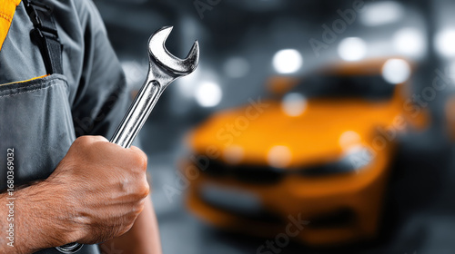 Wallpaper Mural Car mechanic holding wrench with blurred orange car in background showing repair and maintenance concept Torontodigital.ca