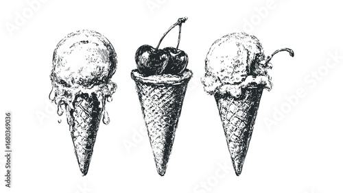 Hand drawn ice cream cones with cherries on transparent background. Vector hand drawn illustration