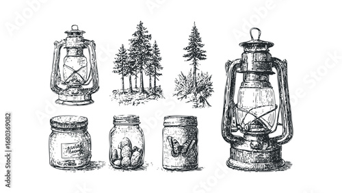 Vintage lanterns and mason jars with forest elements. Vector hand drawn illustration