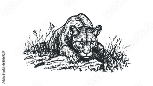 Puma crouched low in tall grass, monochrome sketch. Vector hand drawn illustration