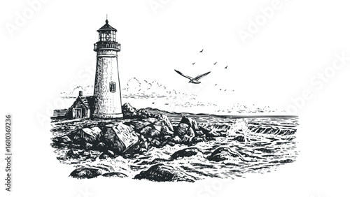 Lighthouse perched on a rocky shore with crashing waves and flying seabirds. Vector hand drawn illustration