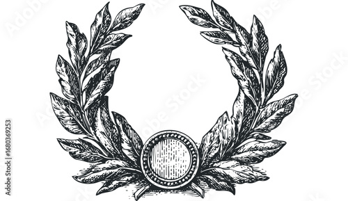 Hand-drawn Laurel Wreath with Circular Emblem on White. Vector hand drawn illustration