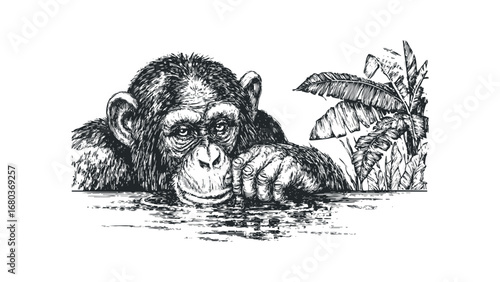 Chimpanzee emerging from water near lush tropical foliage in a detailed ink sketch. Vector hand drawn illustration