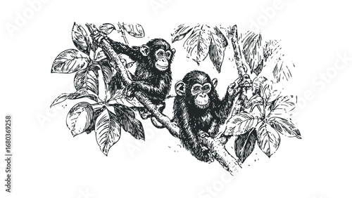 Chimpanzees clinging to branches amidst lush foliage in a sketched style. Vector hand drawn illustration