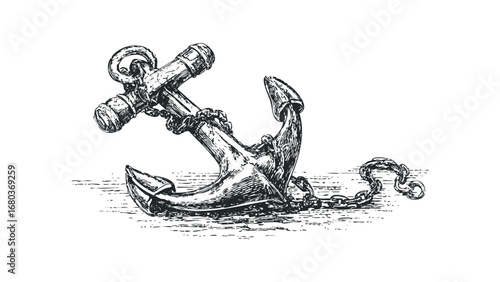 Detailed vintage anchor with thick chain on transparent background. Vector hand drawn illustration