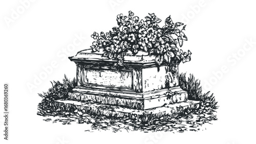 Ornate Stone Monument Adorned with Flowers and Grass. Vector hand drawn illustration