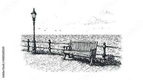 Engraved Style Seaside Bench and Lamp Post Overlooking the Ocean. Vector hand drawn illustration