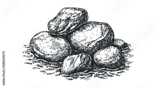 Pile of textured pebbles and rocks in vintage engraving style. Vector hand drawn illustration