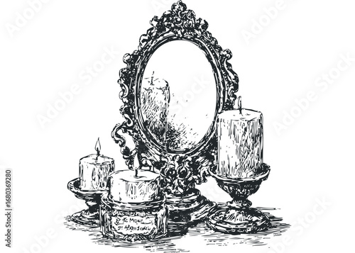 Vintage ornate mirror reflecting lit candles and candle holders on a surface. Vector hand drawn illustration