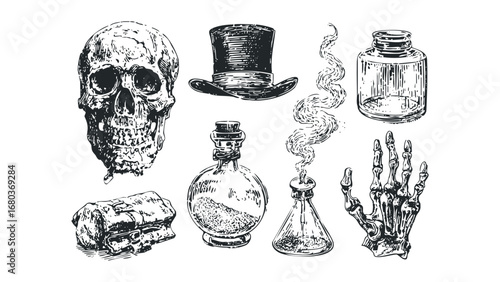 Vintage sketch of skull, top hat, skeleton hand, and alchemical potions. Vector hand drawn illustration
