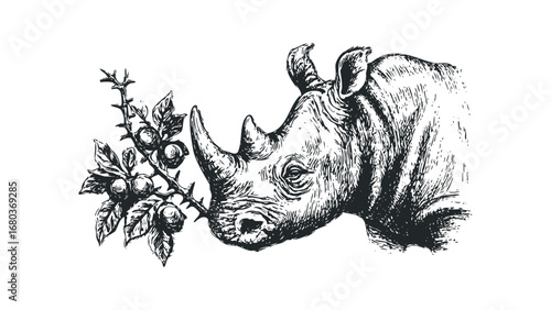 Vintage Sketch of a Rhinoceros Head with Thorny Plant. Vector hand drawn illustration