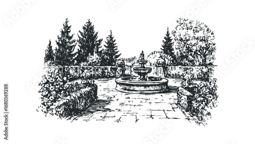 Sketch of a formal garden with a tiered fountain and manicured shrubs. Vector hand drawn illustration