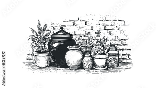 Potted plants and ceramic pots arranged on a shelf against a brick wall. Vector hand drawn illustration
